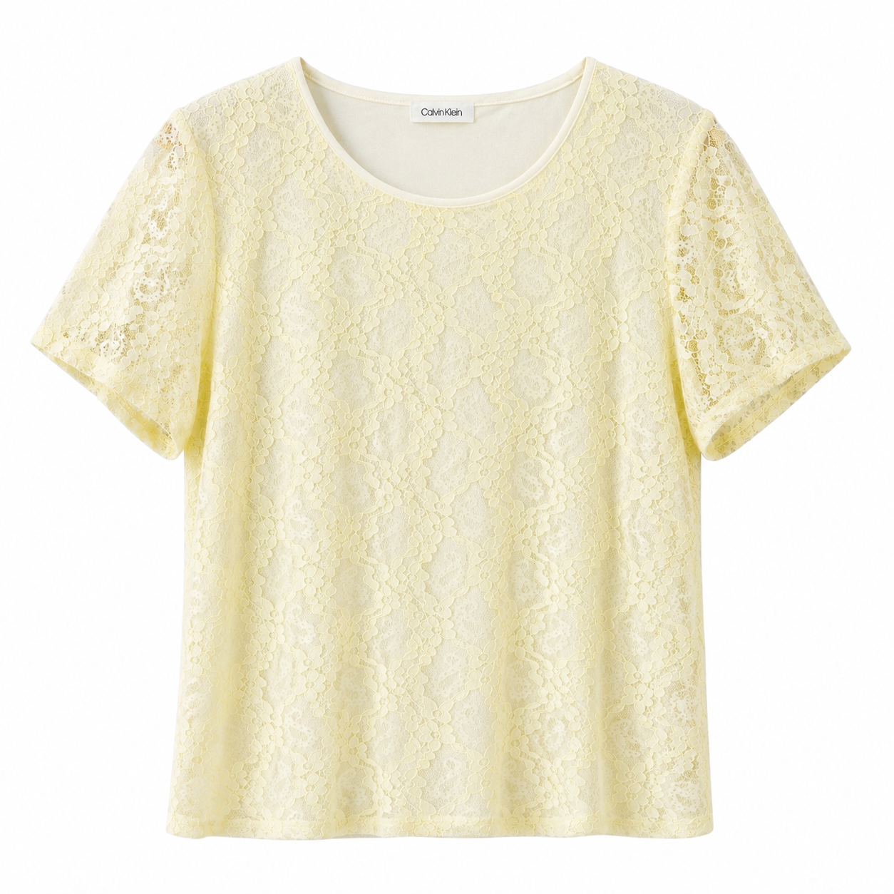 Calvin Klein lace blouse features a delicate yellow floral design