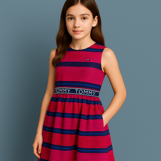 Tommy Hilfiger Girls' Sleeveless Red Striped Asymmetrical Formal Dress