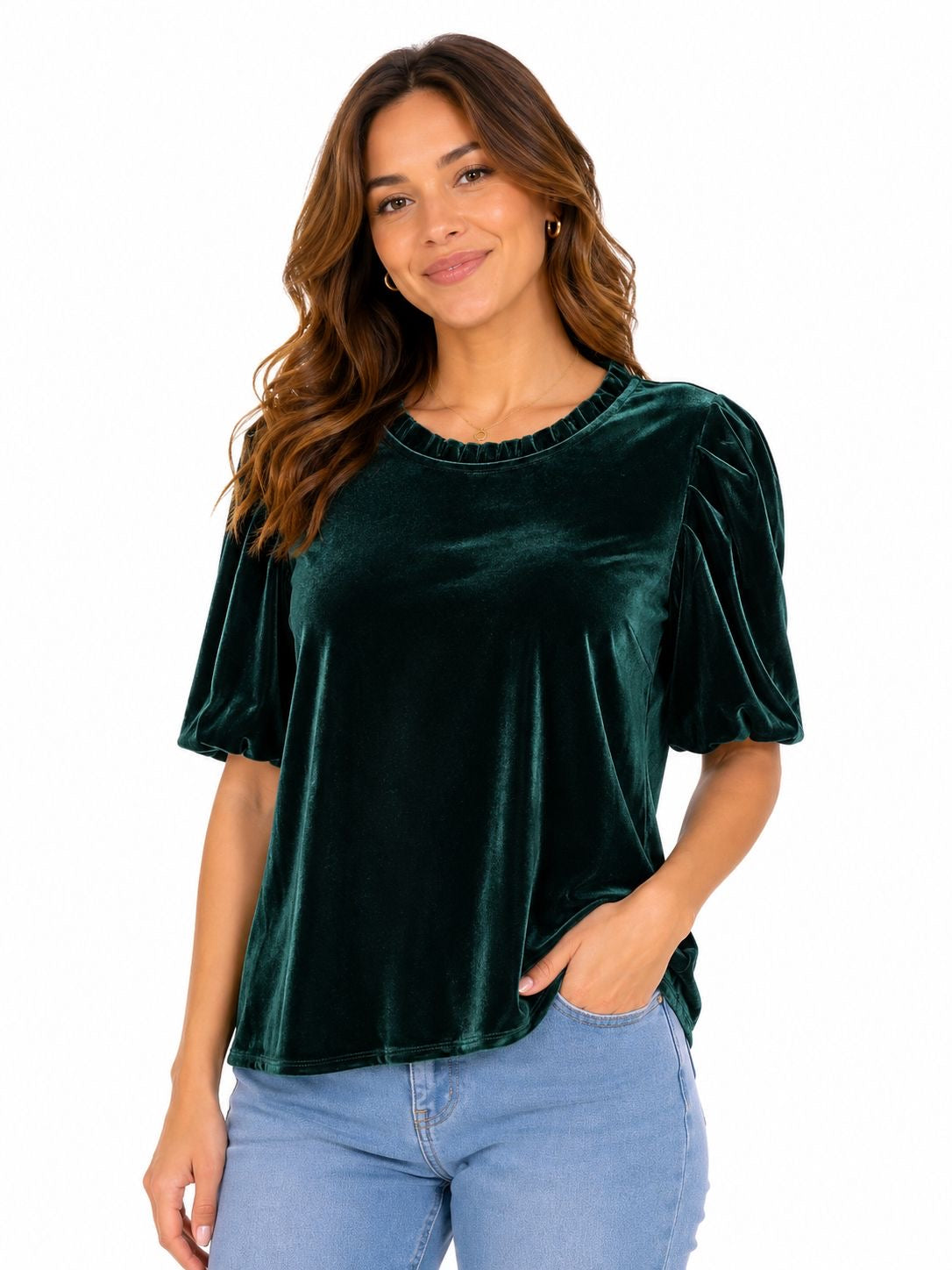 CeCe brand velvet blouse in an elegant emerald green tone