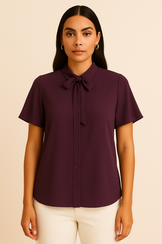 Calvin Klein Chiffon Flutter Short Sleeve Collared Tie Neck Blouse