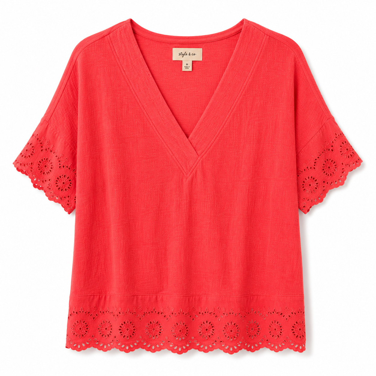 Style&Co brand coral blouse with V-neckline and lace details on the edge and sleeves