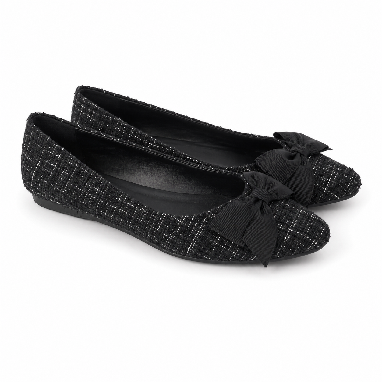 Kenneth Cole Reaction Lily Bow ballerinas in tweed fabric with sharp toe and black bow.