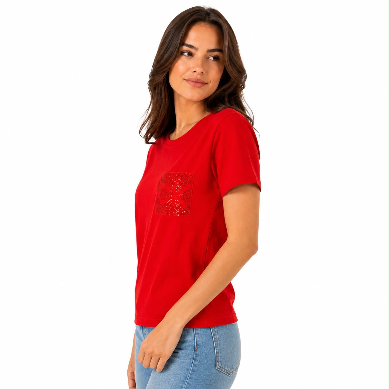 Calvin Klein red t-shirt features a patch pocket with tonal sequins