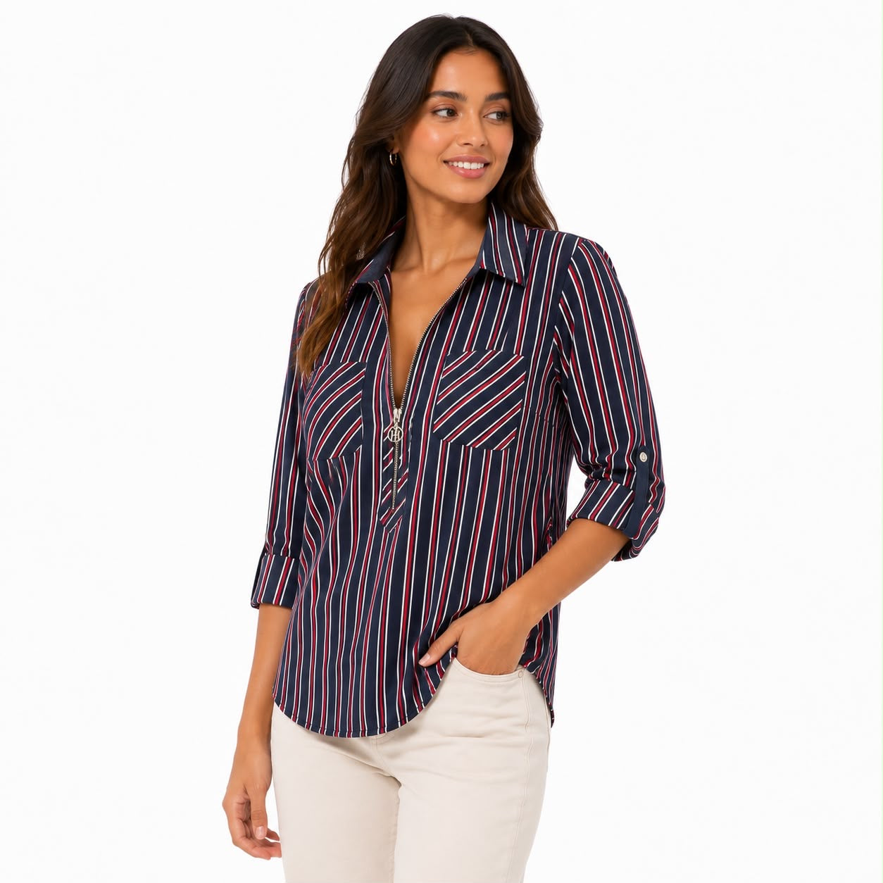 Tommy Hilfiger blouse with red, white and blue stripes has a zipper closure at the collar