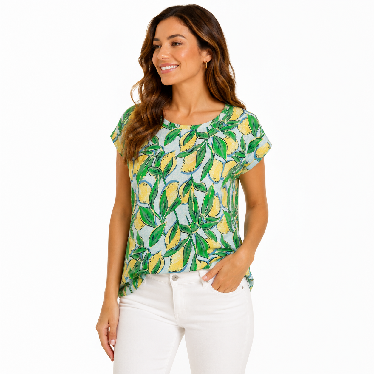 Isaac Mizrahi linen t-shirt has a vibrant yellow lemon print