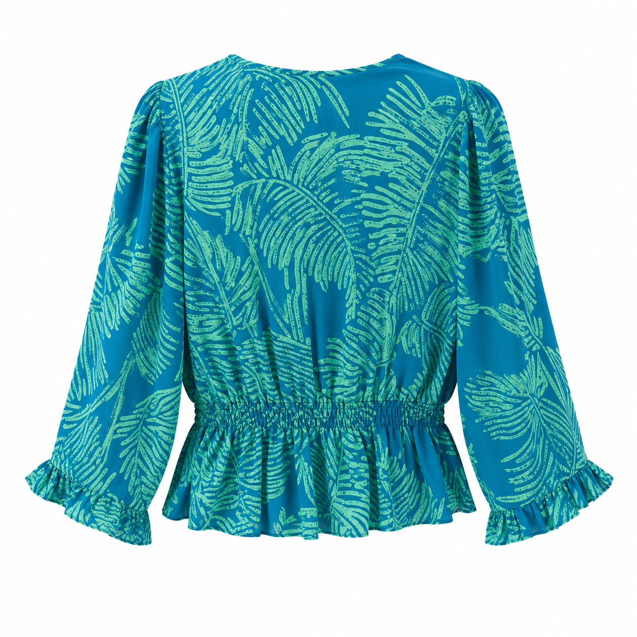 AUW blue blouse has a tropical print of green leaves