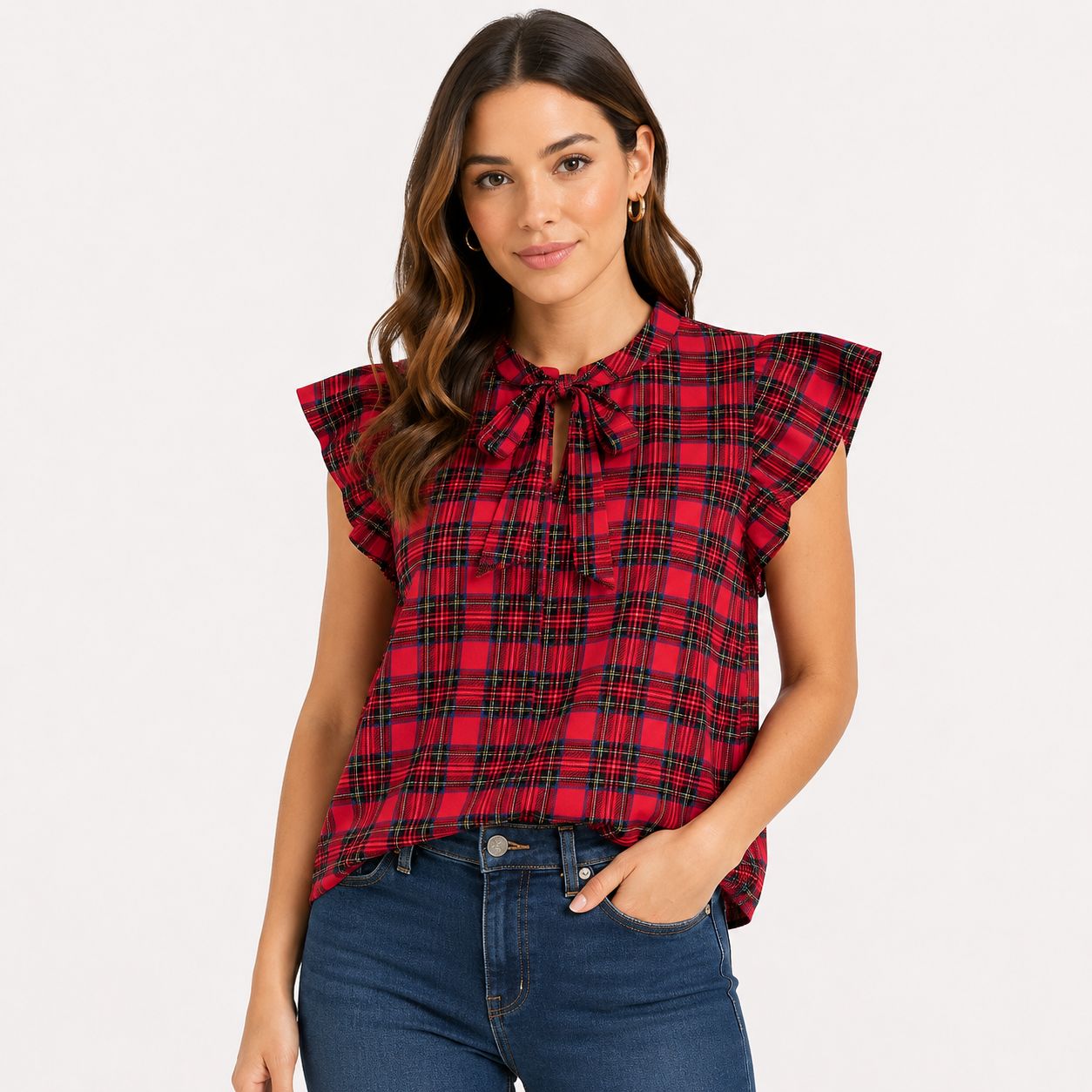 Tommy Hilfiger blouse with red plaid print and ruffles on the sleeves