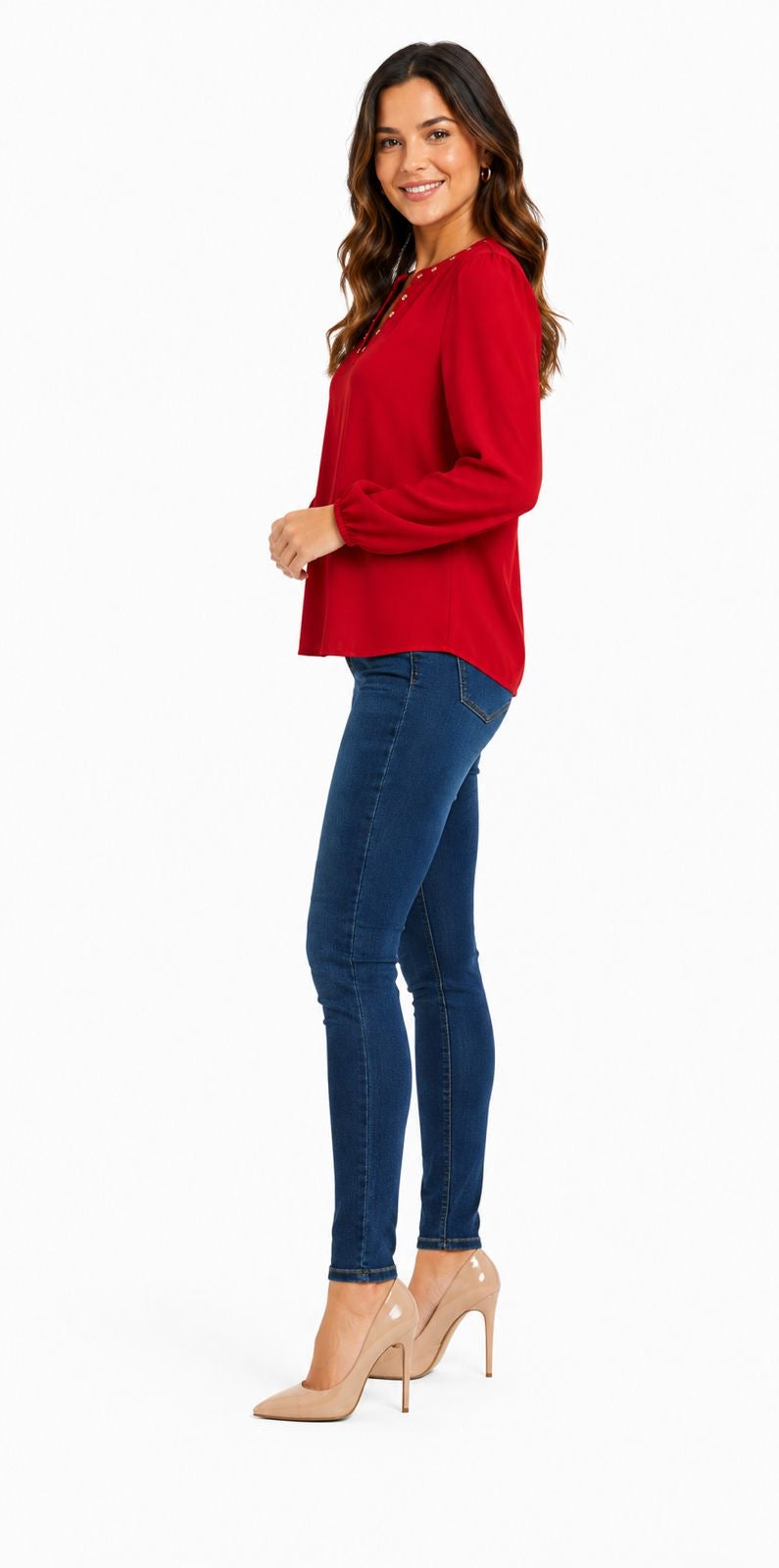 MICHAEL KORS-Red long-sleeved blouse with golden stoperoles details