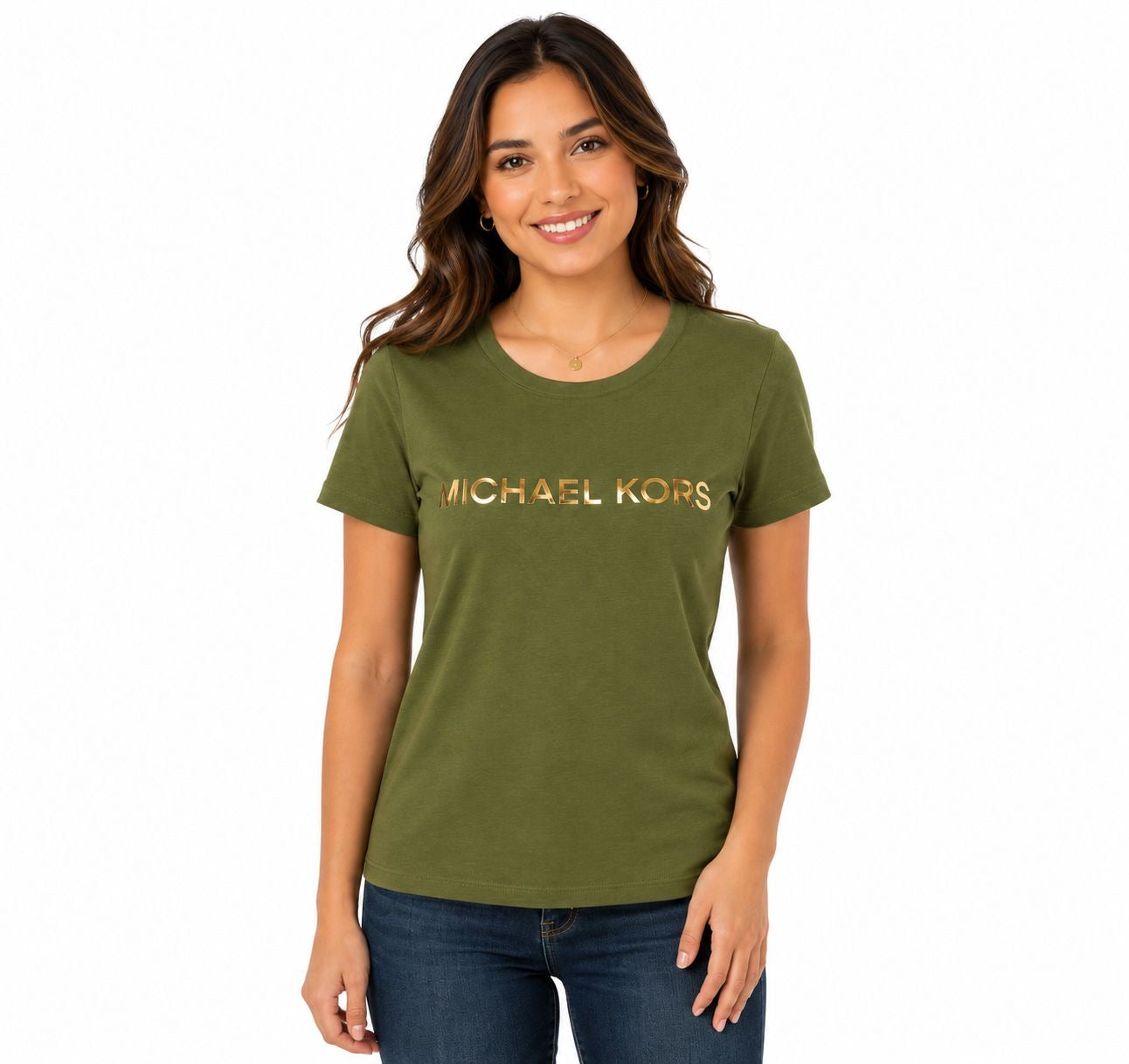 MICHAEL KORS-Olive Green Michael Kors T-Shirt with Gold Metallic Logo