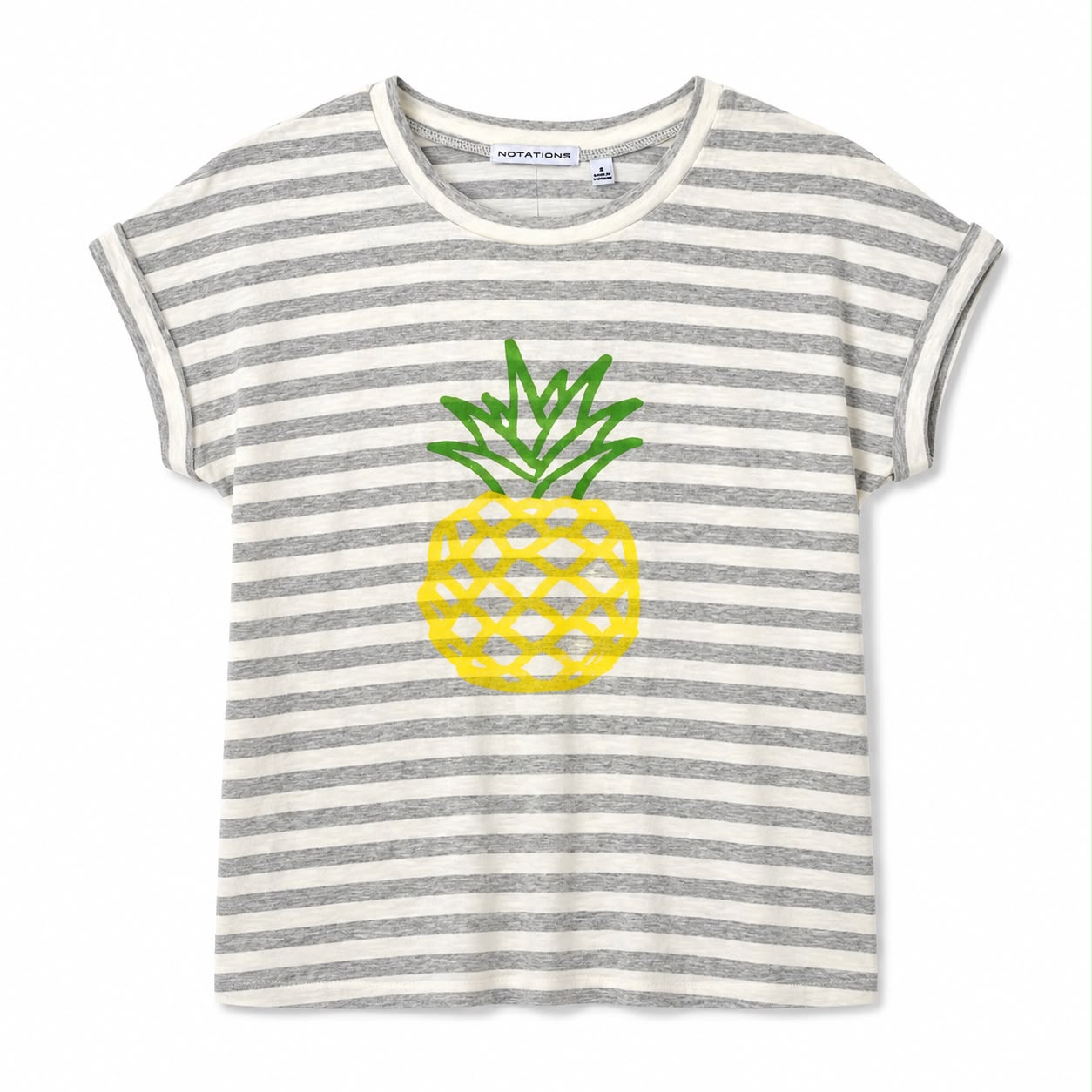 Notations brand t-shirt features a gray and white horizontal striped design