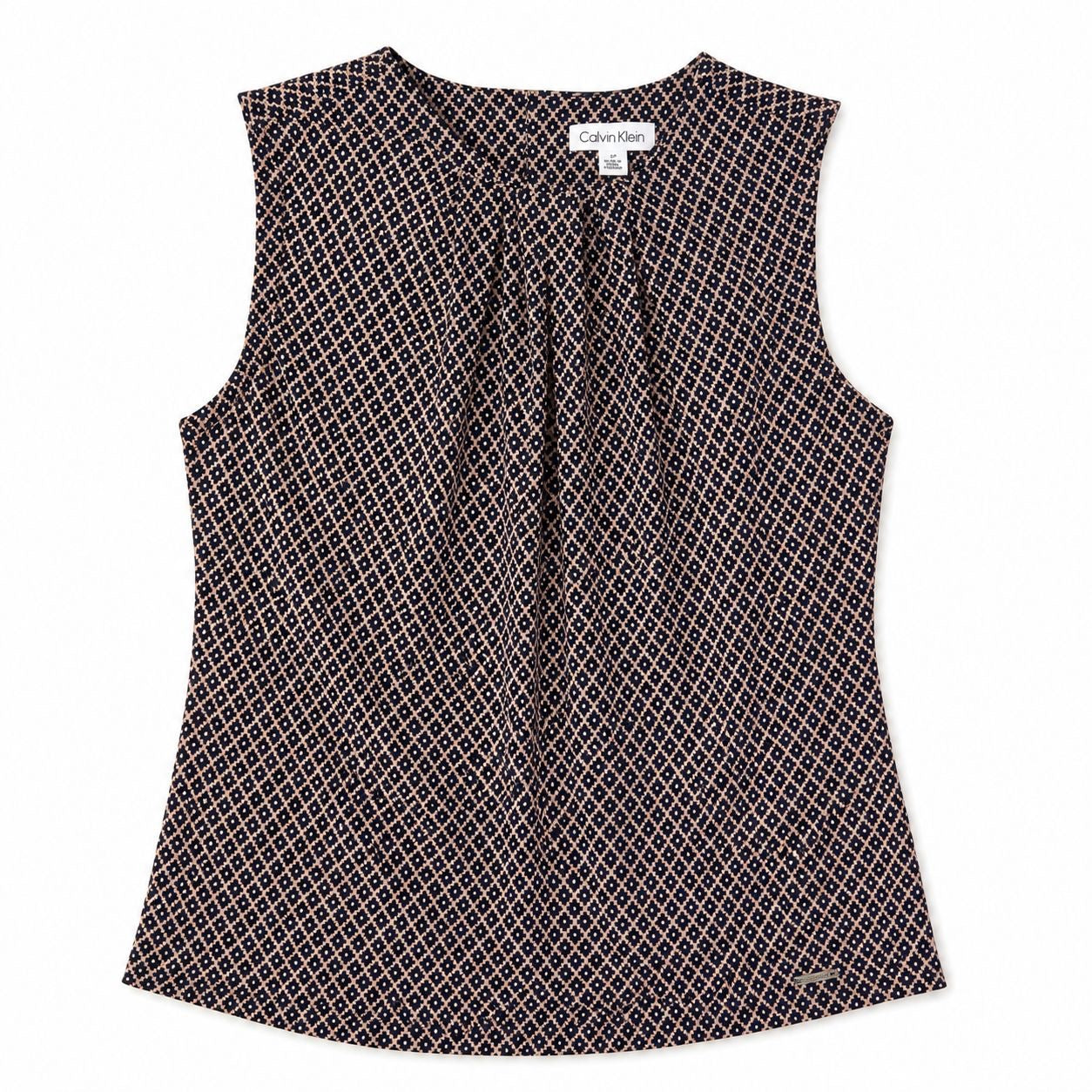 Calvin Klein sleeveless blouse with pleated collar and geometric print