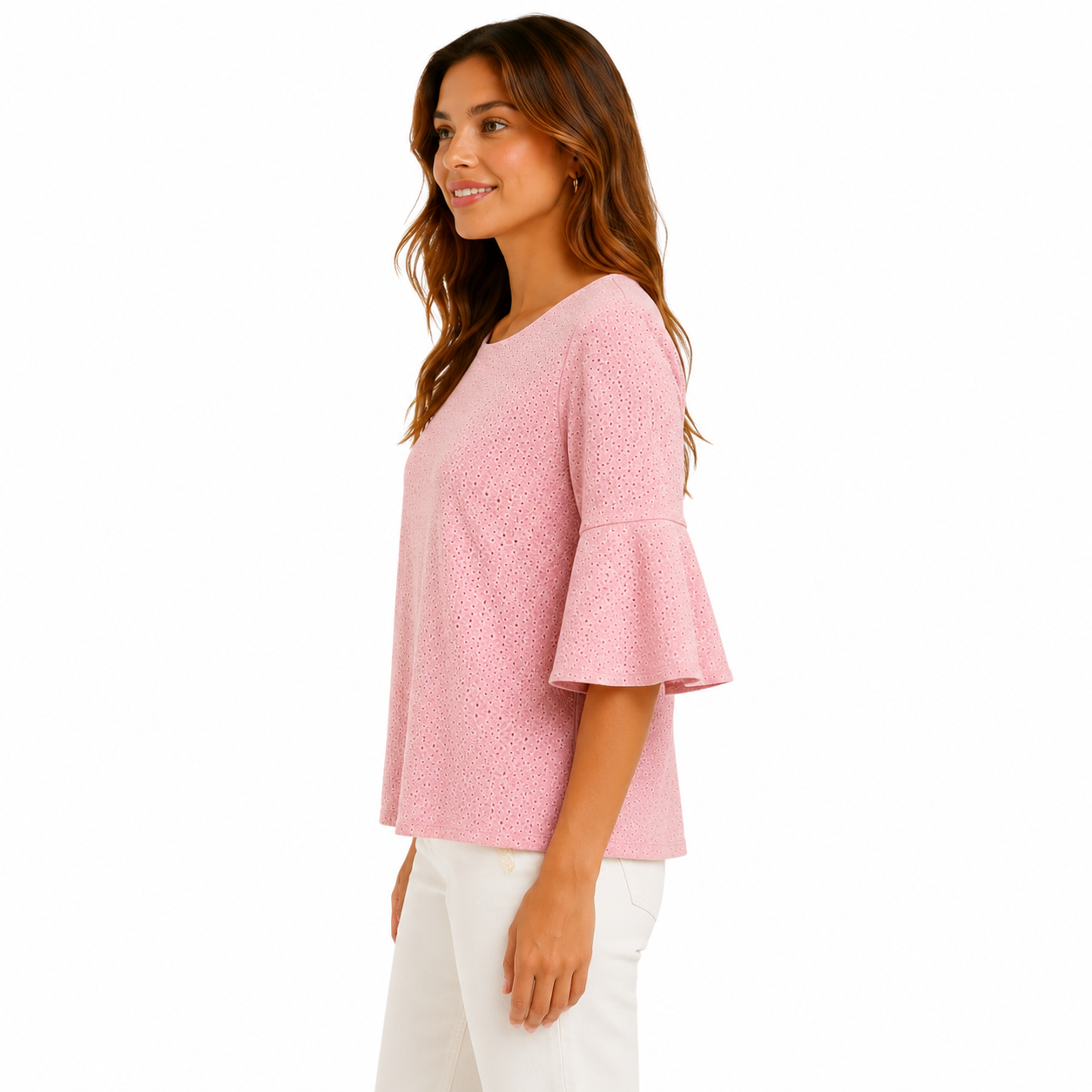 Kasper brand blouse is pink and has an English embroidery design