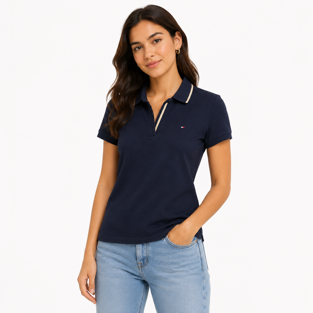 Tommy Hilfiger Navy blue polo shirt features a striped detail