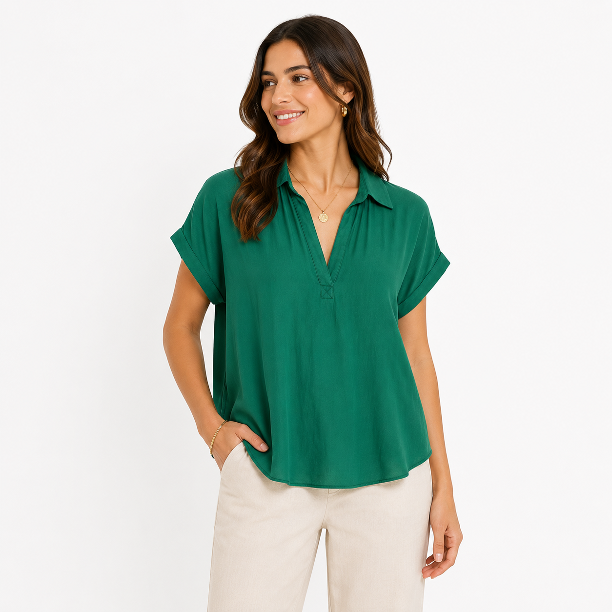 RACHEL ROY- GreenShirt- Sleeved Blouse, With V-Neck