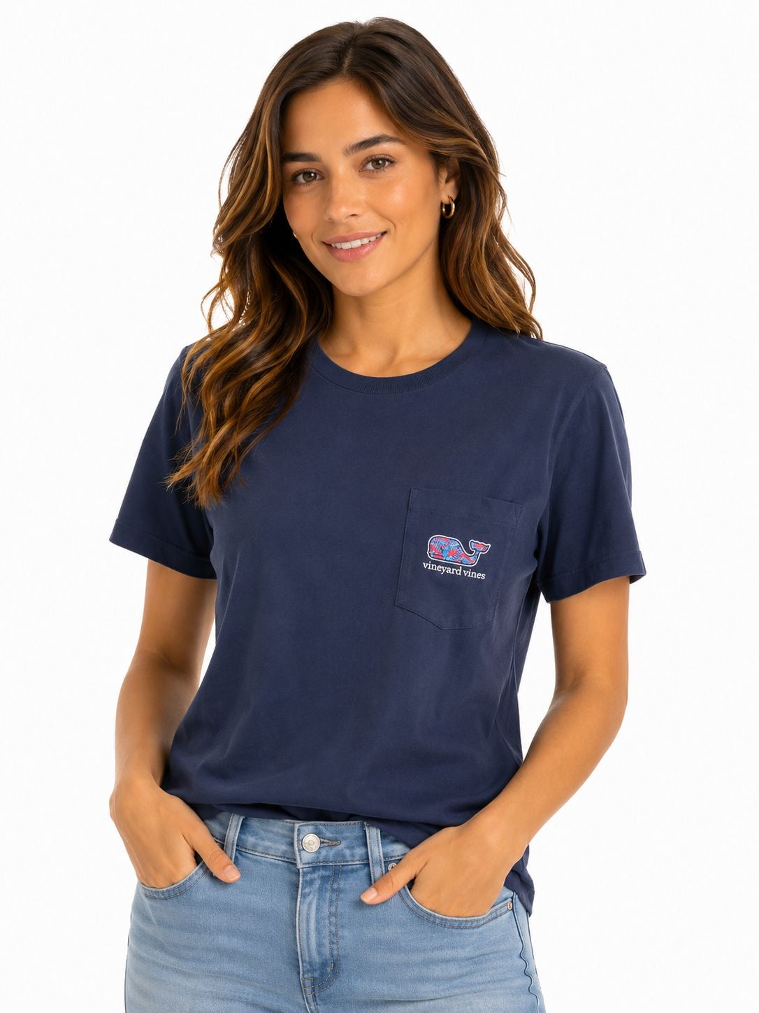 VINEYARD VINES-Navy blue Vineyard Vines t-shirt features a chest pocket with the whale logo printed.