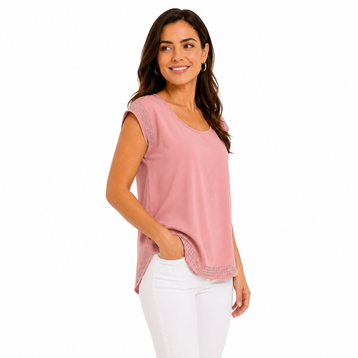 A'Gaci's pink blouse features subtle rhinestone details Women’s