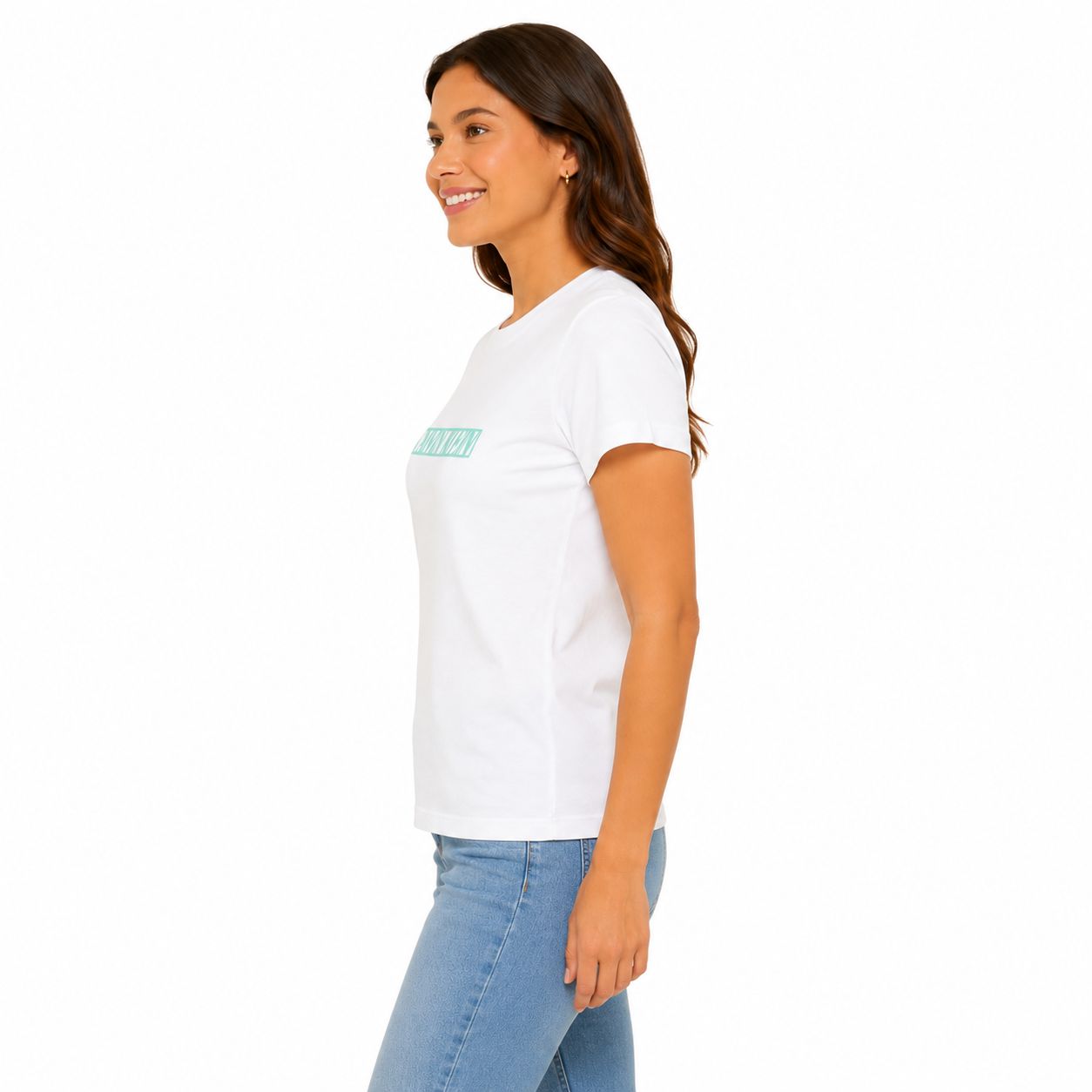 Calvin Klein T-shirt White jeans with a framed turquoise logo graphic Women’s