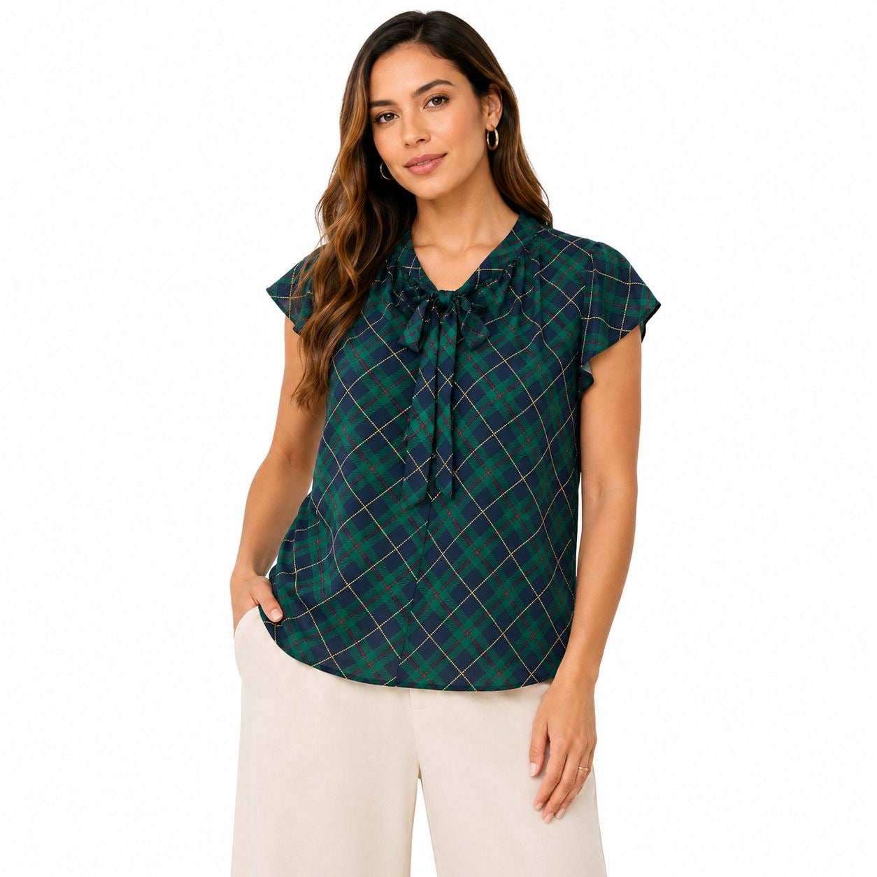 Tommy Hilfiger Women's Plaid  short sleeve blouse Tie-Neck Gown