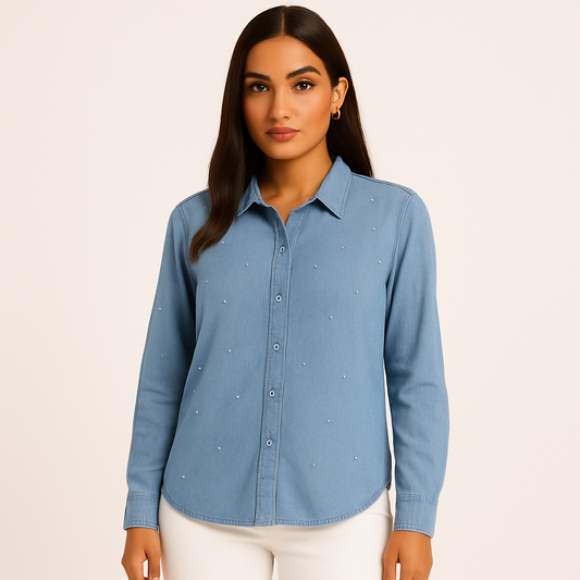 Jane + Delancey Denim Blue Button Front Long Sleeve Roll Tabs Shirt