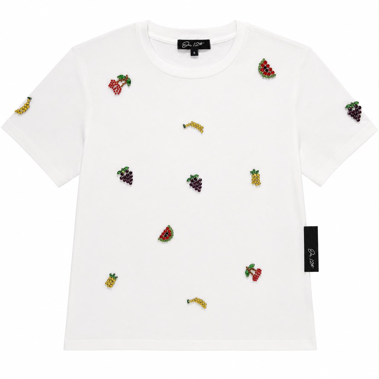 Oh 12th white t-shirt stands out for its colorful fruit appliques
