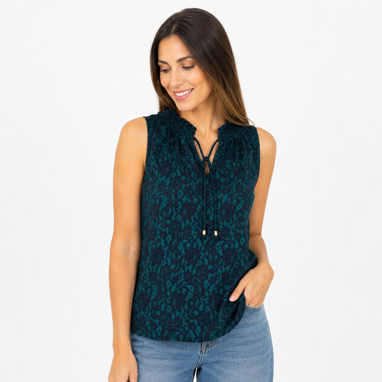 Michael Kors sleeveless blouse features a green lace print