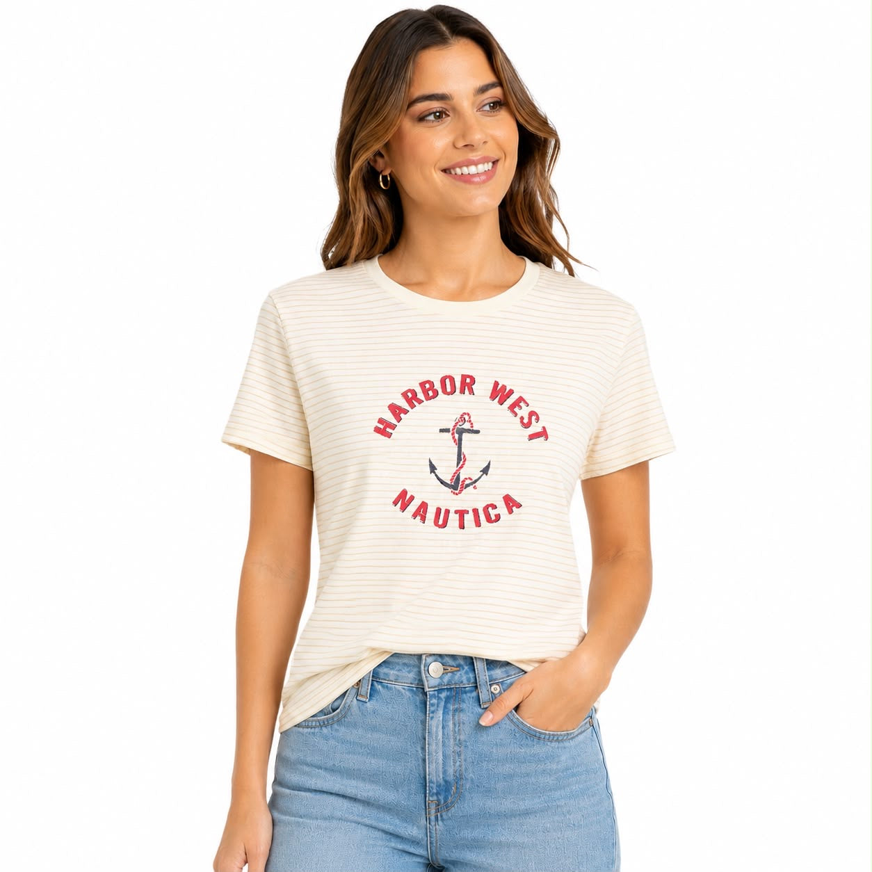 Nautica Cream striped Nautica t-shirt has a nautical graphic