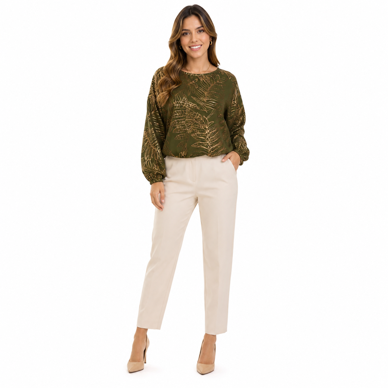 Kim & Cami brand olive green blouse has a botanical print of leaves in golden tone and an elastic hem