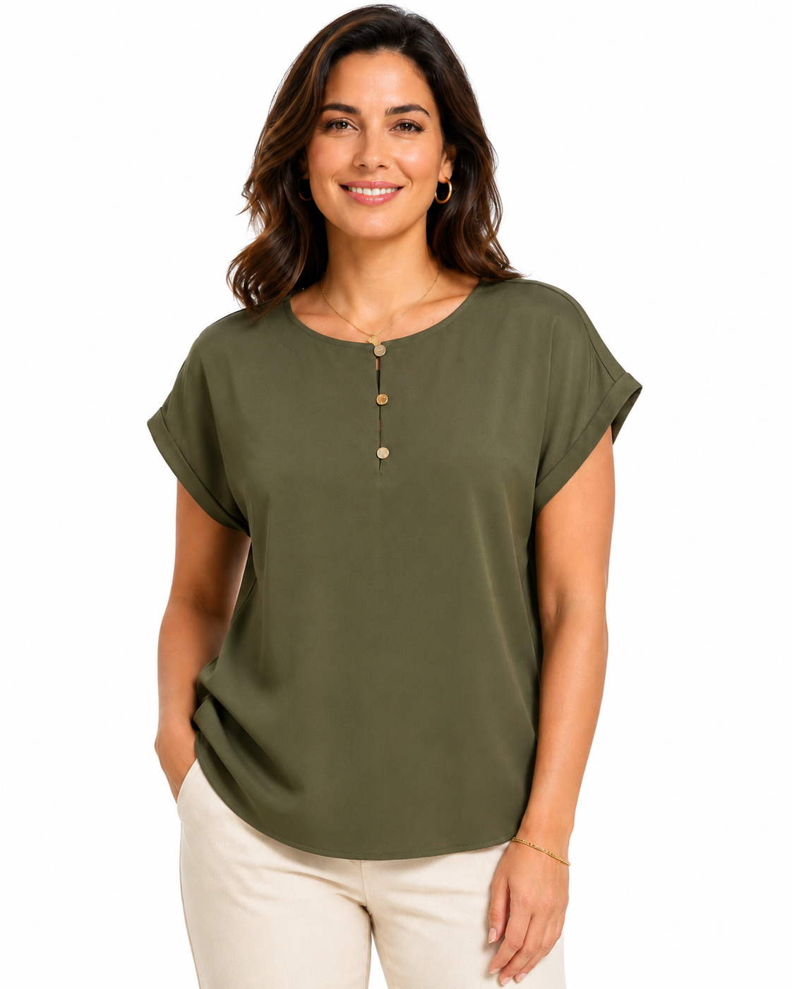 ANNE KLEIN-Short-sleeved blouse in olive green from the Anne Klein brand