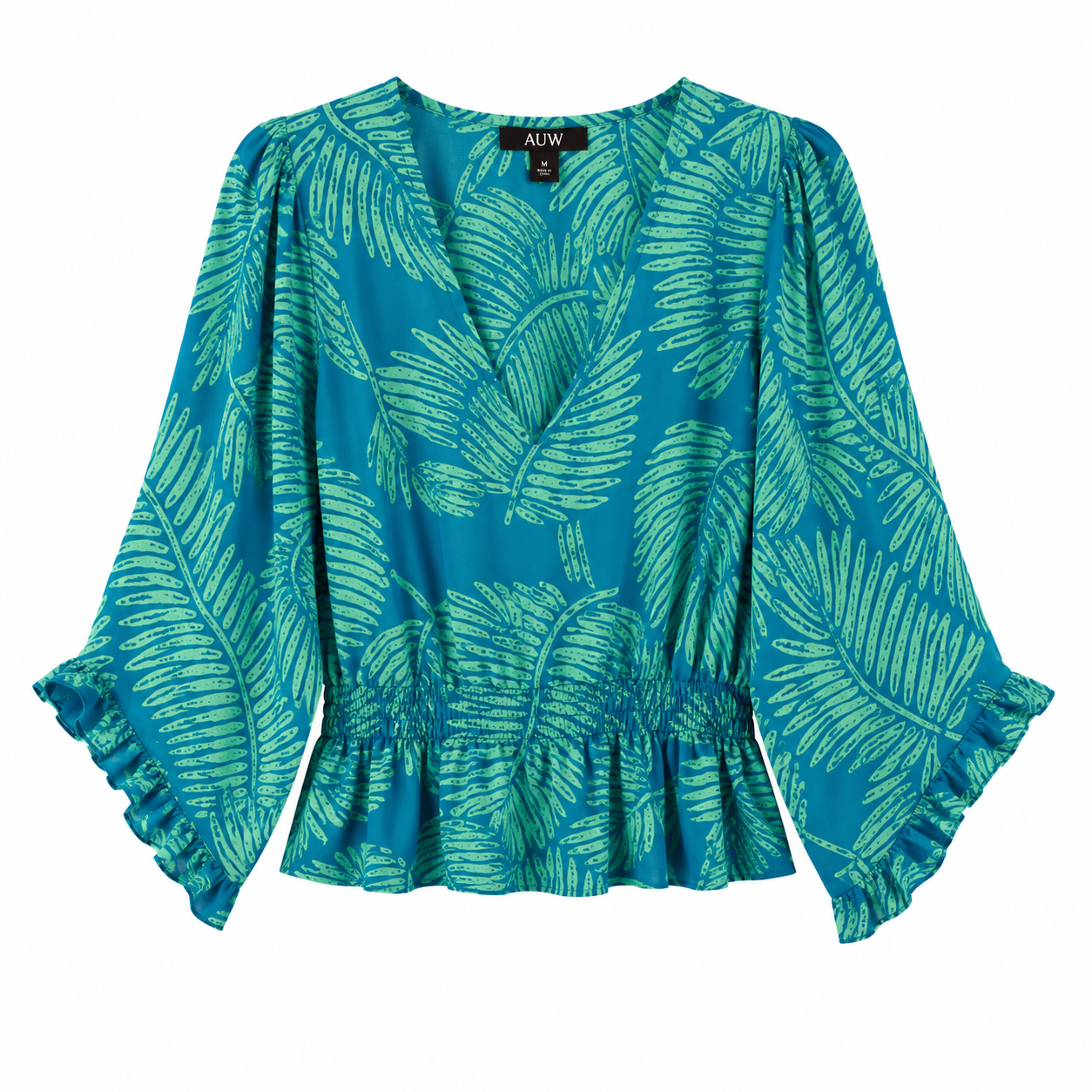 AUW blue blouse has a tropical print of green leaves