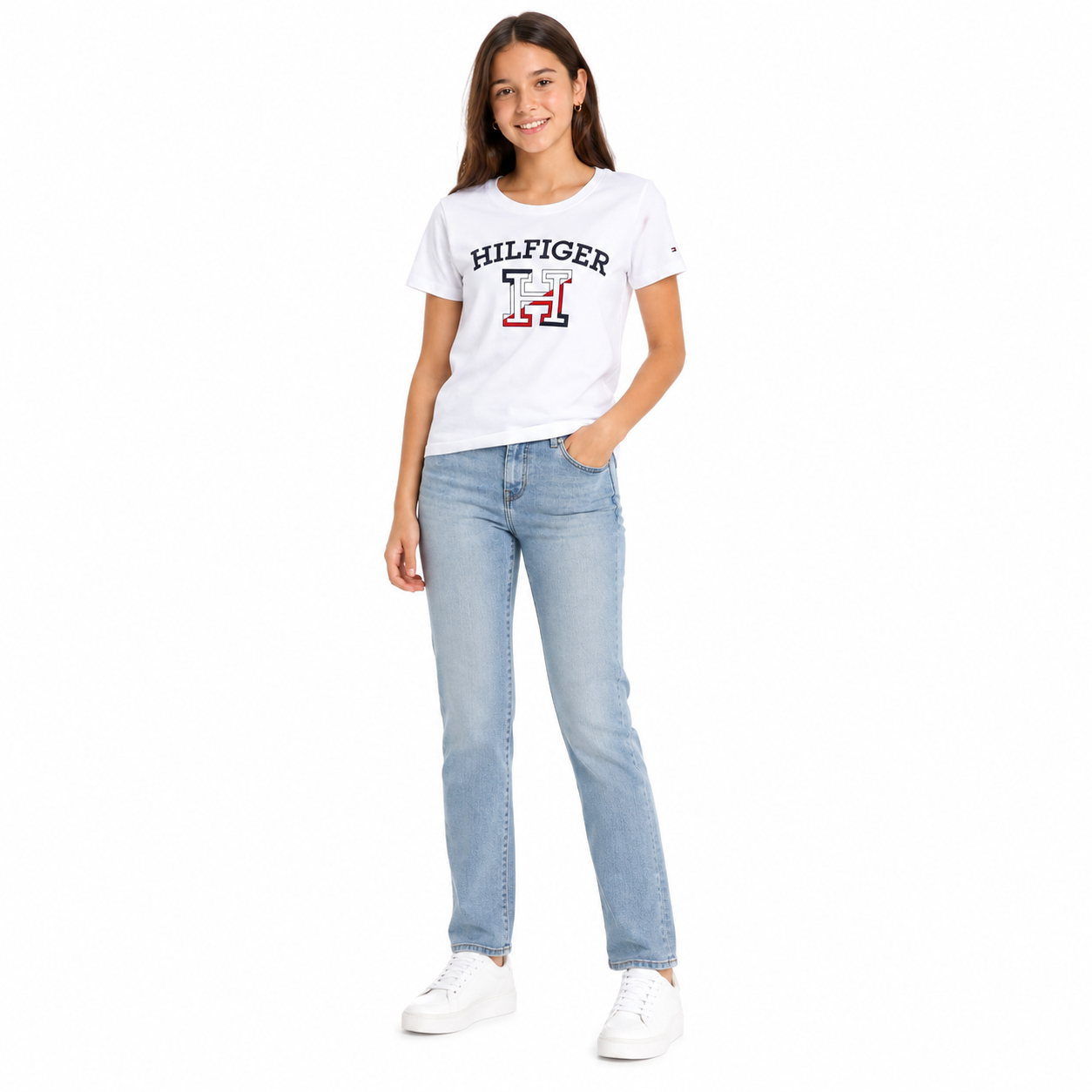 TOMMY HILFIGER-White cotton t-shirt with Tommy Hilfiger brand graphic