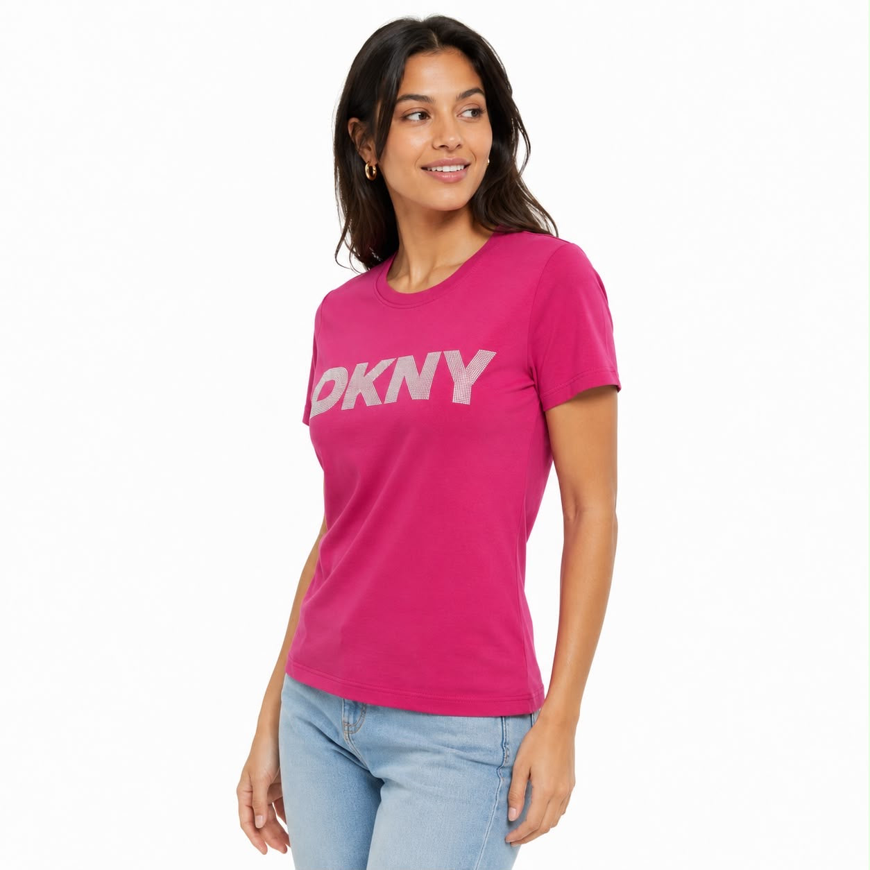 DKNY brand women's pink t-shirt stands out for its striking bright logo