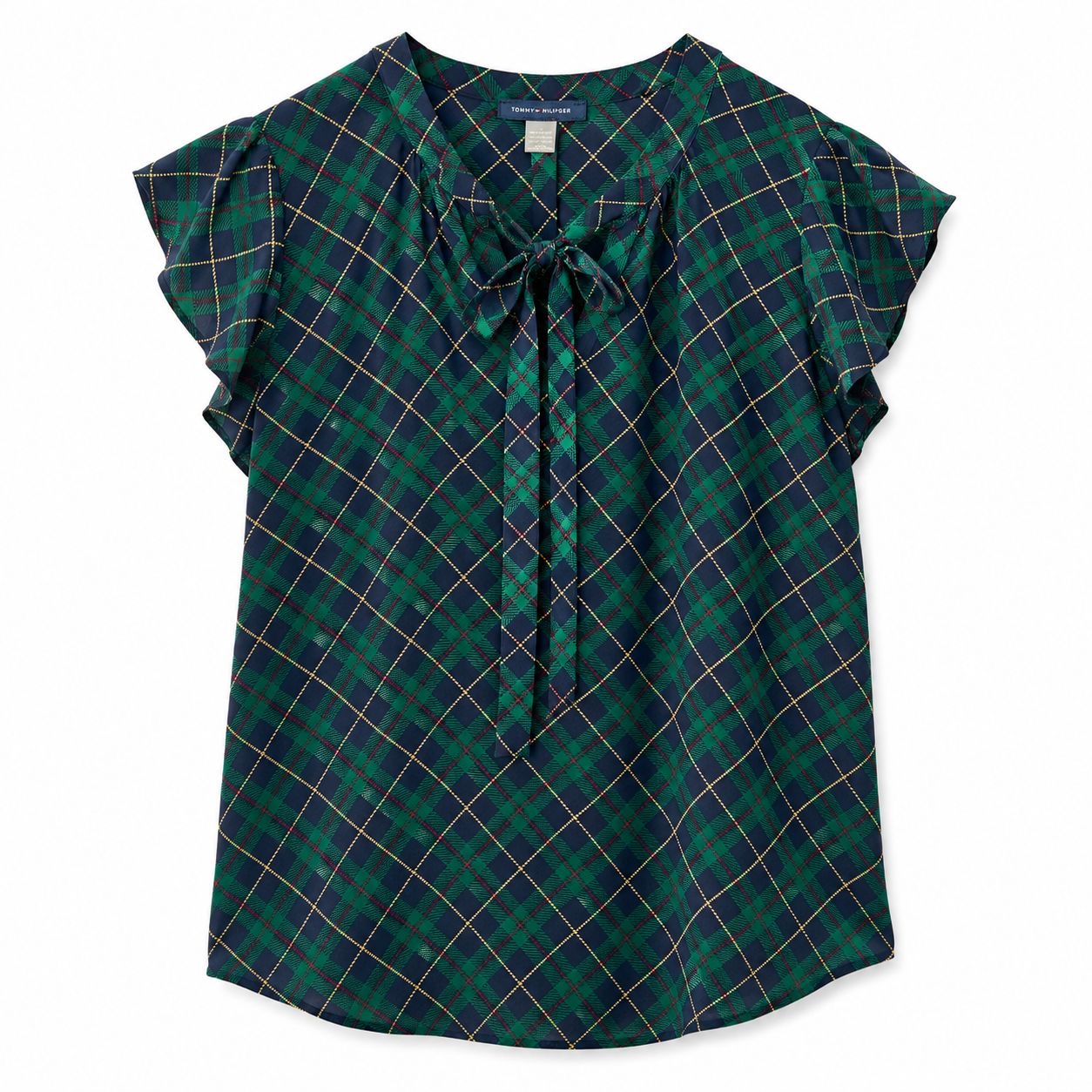 Tommy Hilfiger Women's Plaid  short sleeve blouse Tie-Neck Gown