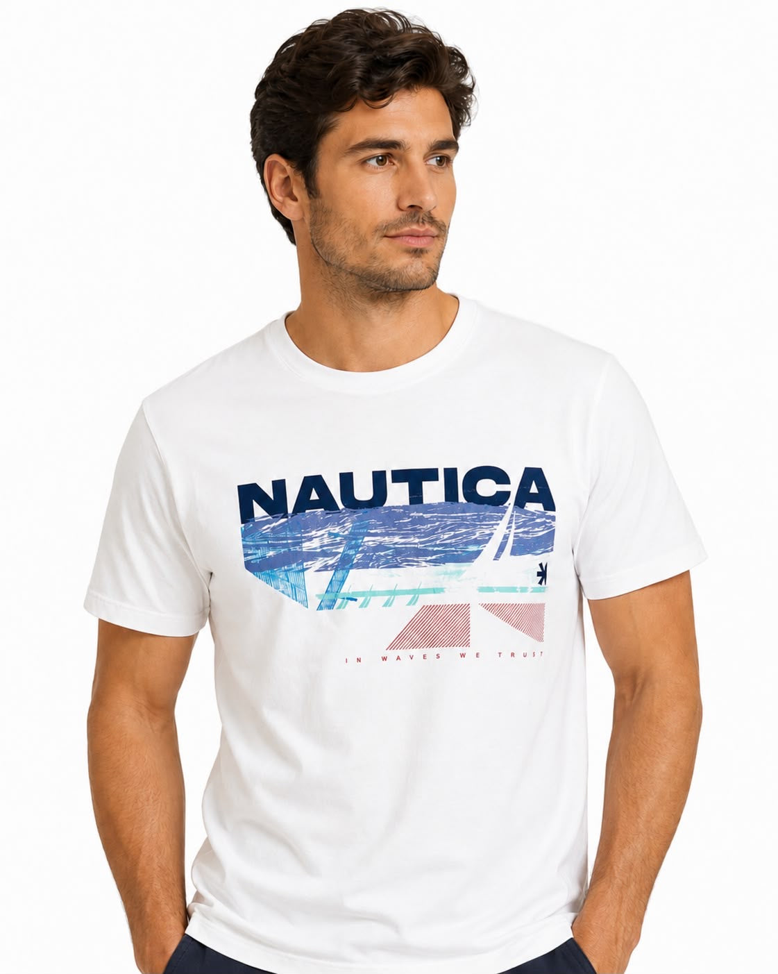 NAUTICA-White round neck t-shirt for men