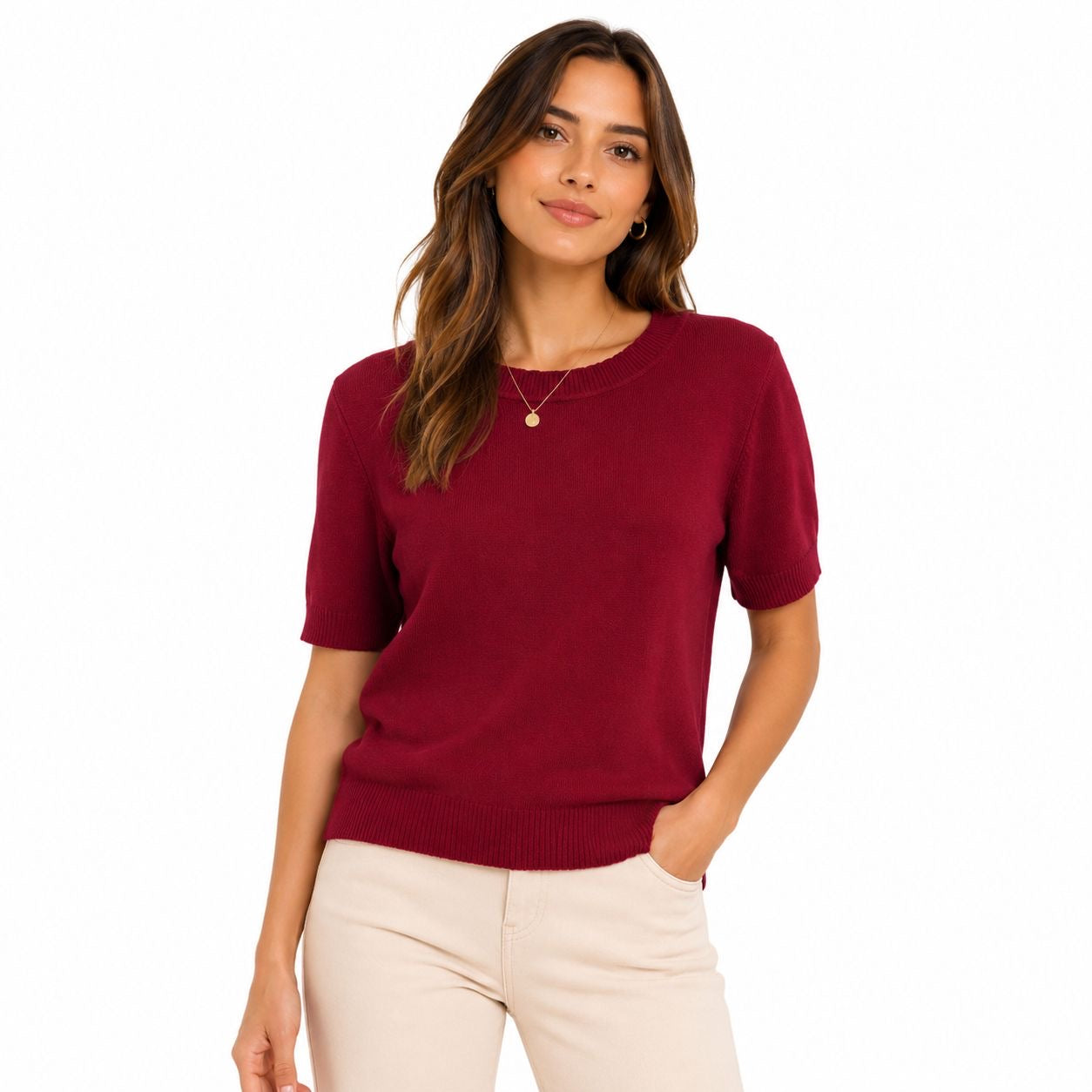 ANNE KLEIN-Short-sleeved fine knit sweater