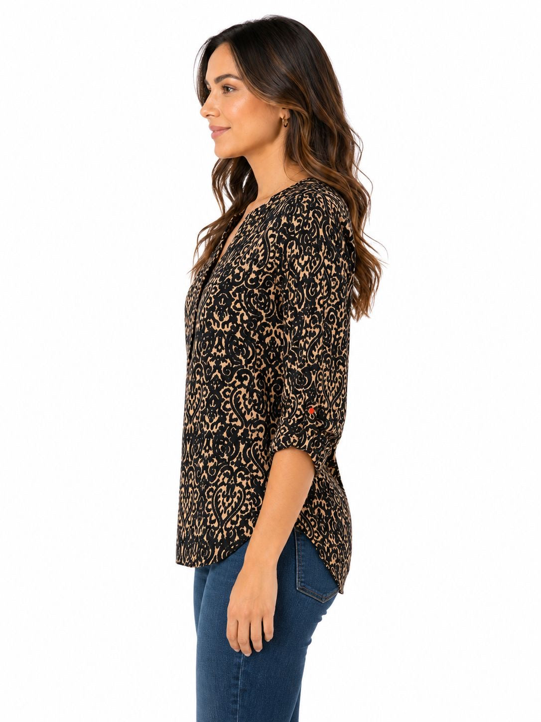 Emily Daniels blouse with damask print in black and beige tones