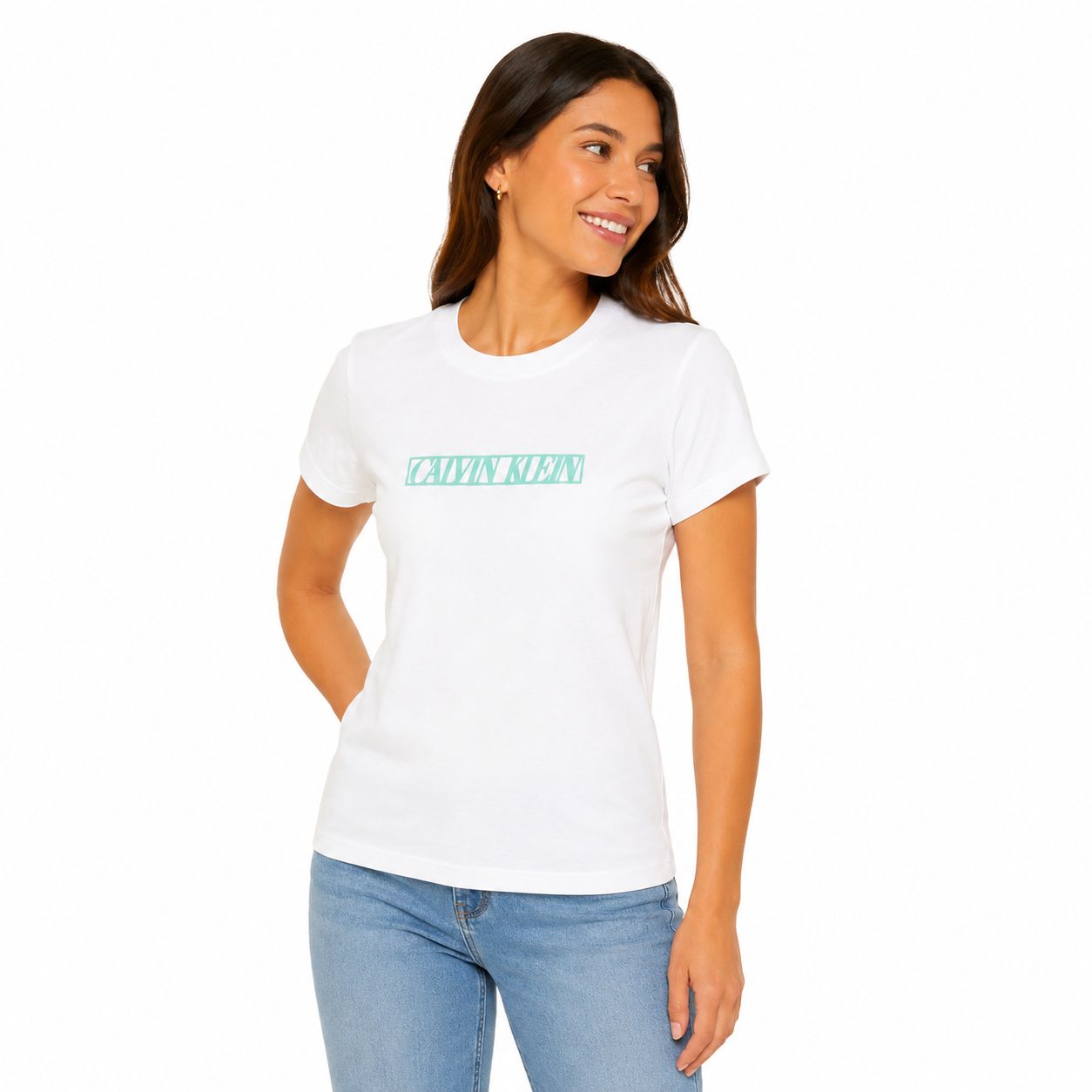 Calvin Klein T-shirt White jeans with a framed turquoise logo graphic Women’s