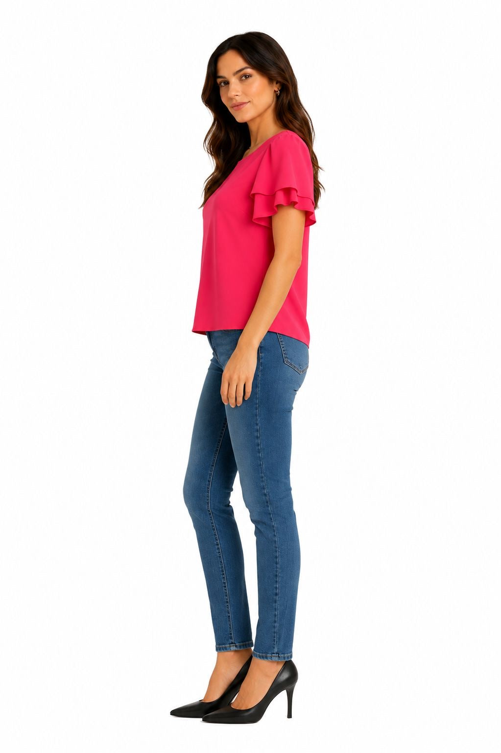 CALVIN KLEIN-Round neck blouse and puffy short sleeves (gola or petal type)