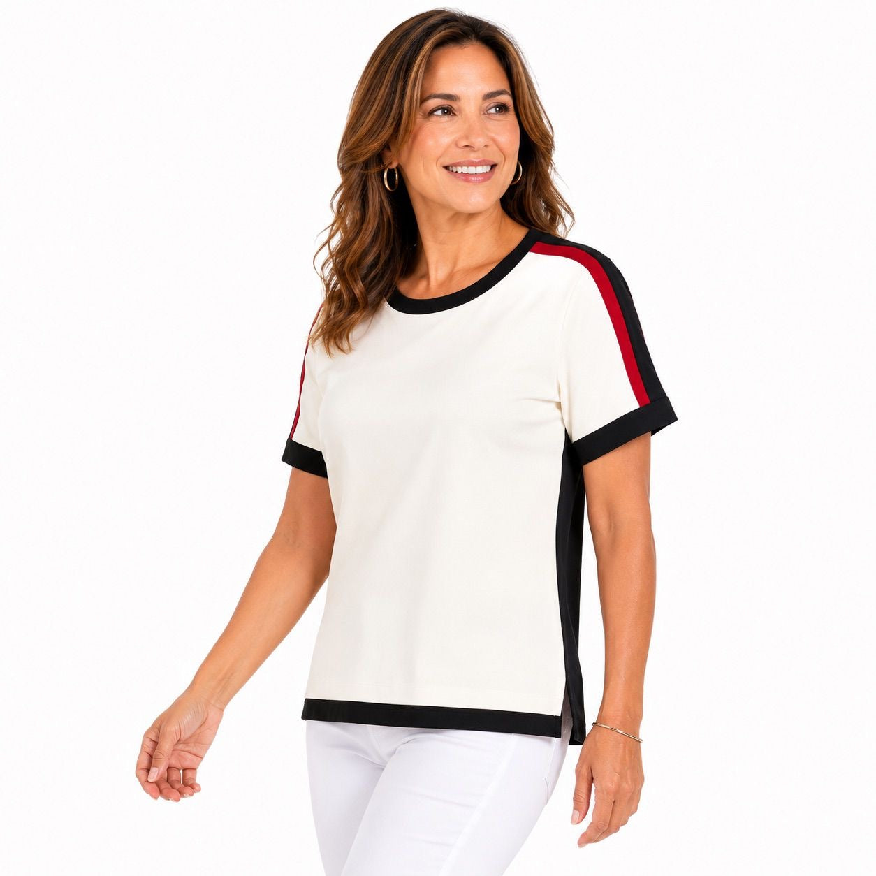 DKNY white t-shirt stands out for its side bands in black Women’s