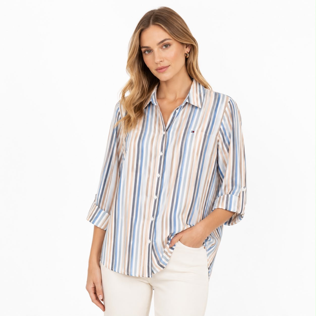 Tommy Hilfiger Women's Stern Striped Roll-Tab Shirt