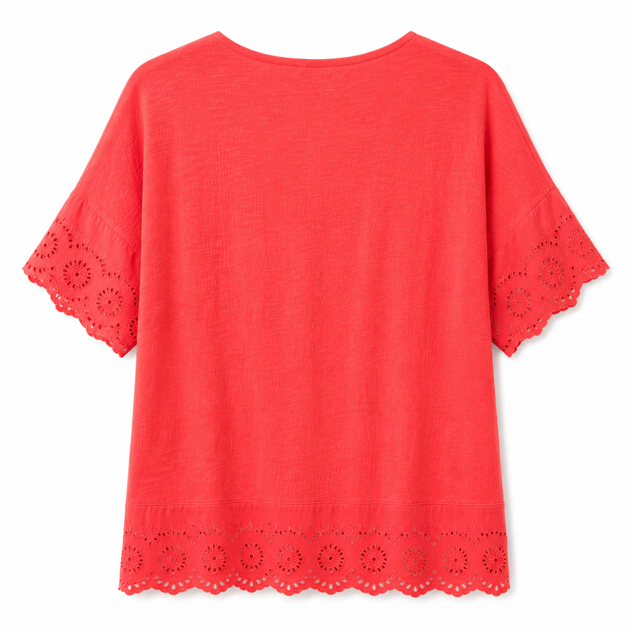 Style&Co brand coral blouse with V-neckline and lace details on the edge and sleeves