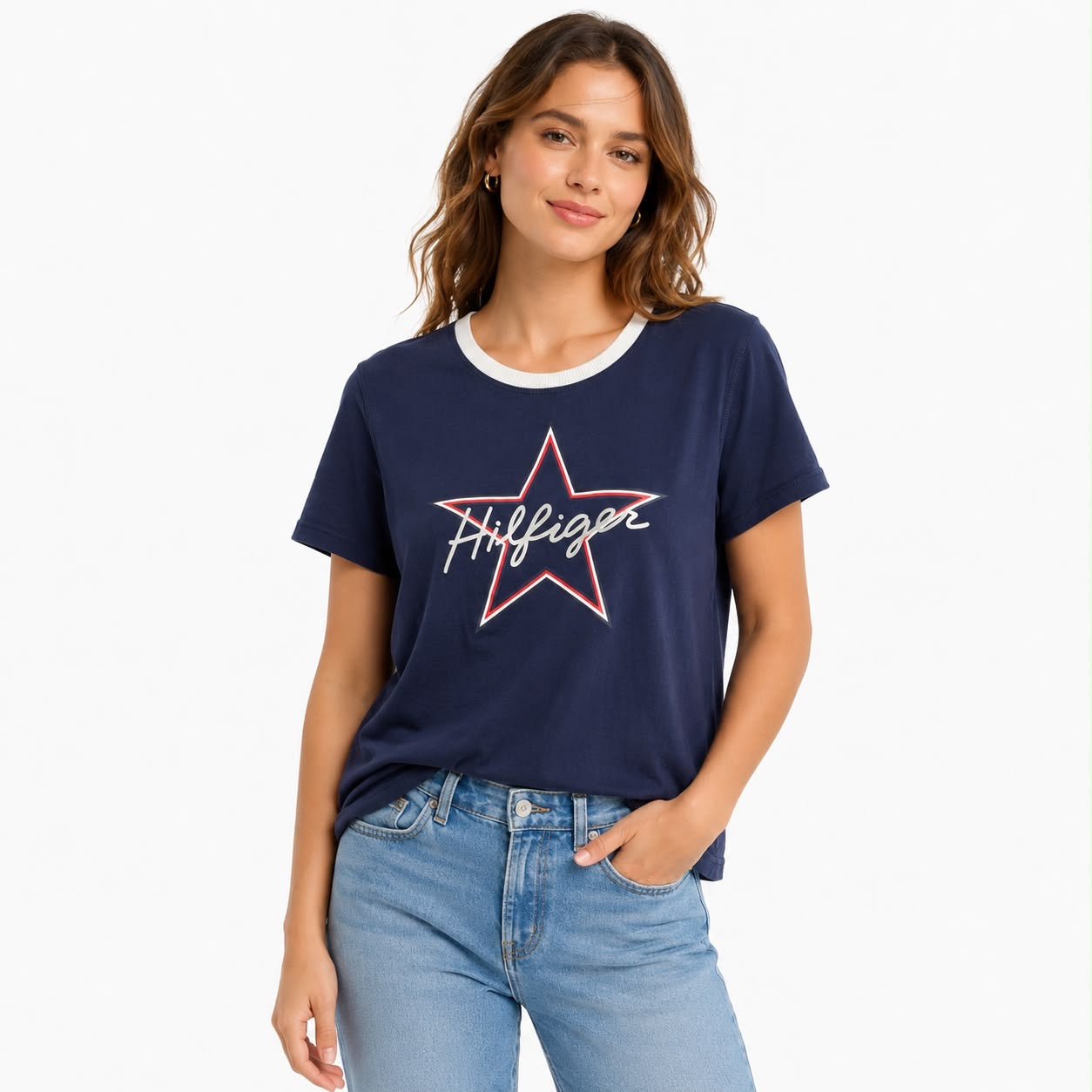 Tommy Hilfiger T-Shirt Has a red and white star logo in the center