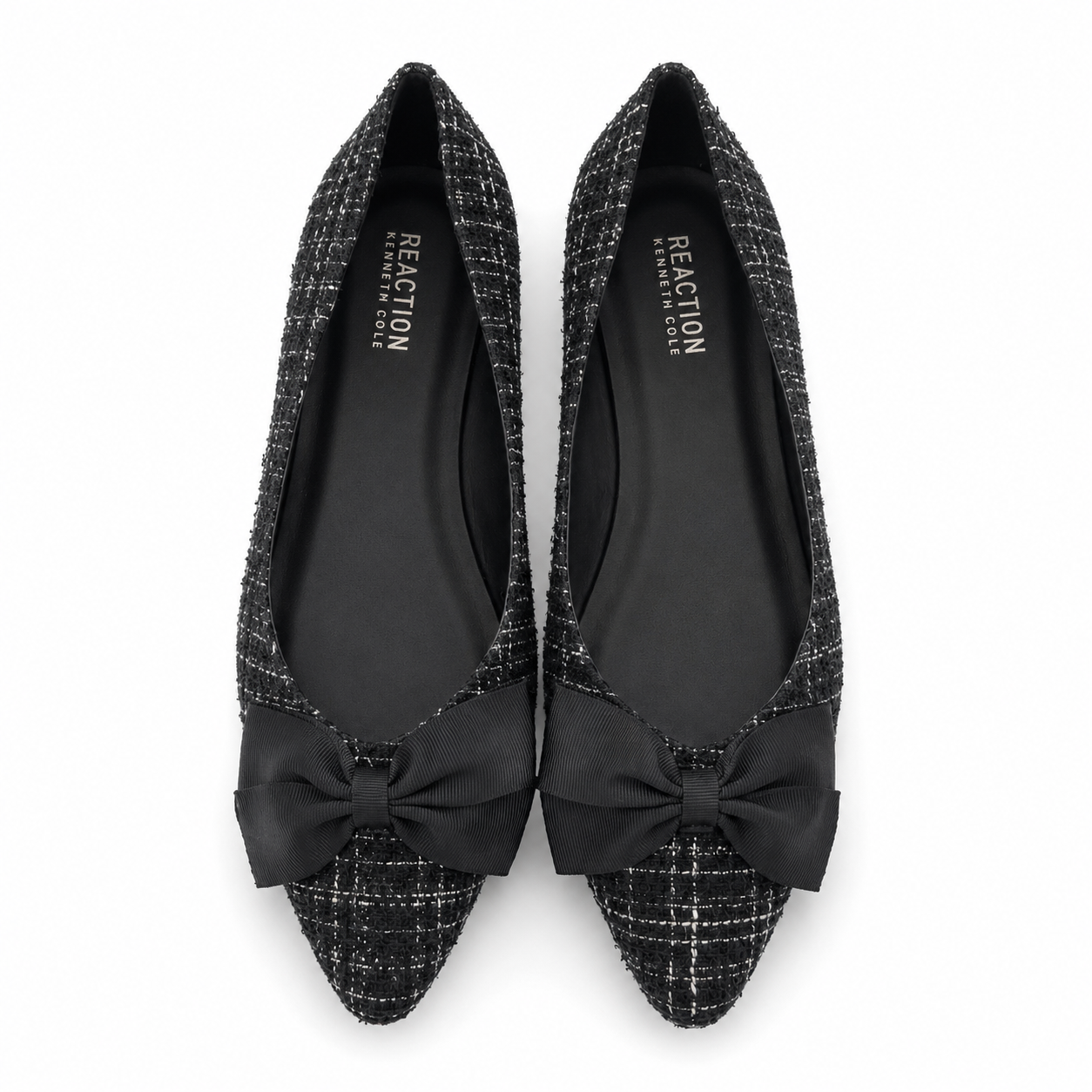 Kenneth Cole Reaction Lily Bow ballerinas in tweed fabric with sharp toe and black bow.