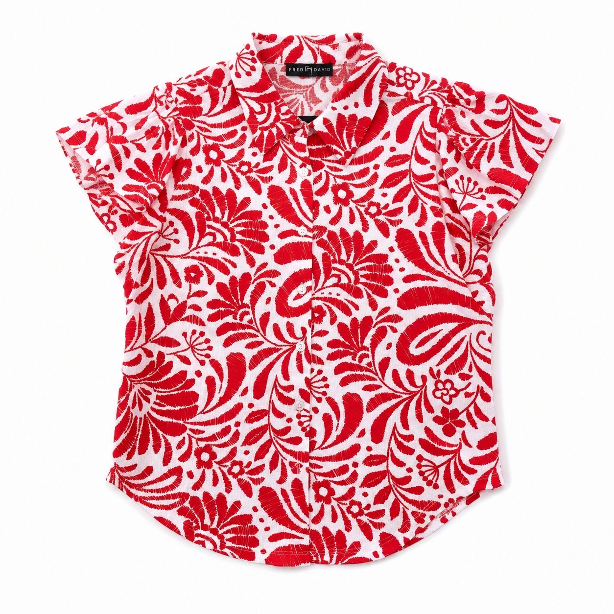 Fred David short-sleeved blouse with a floral botanical print in red and white