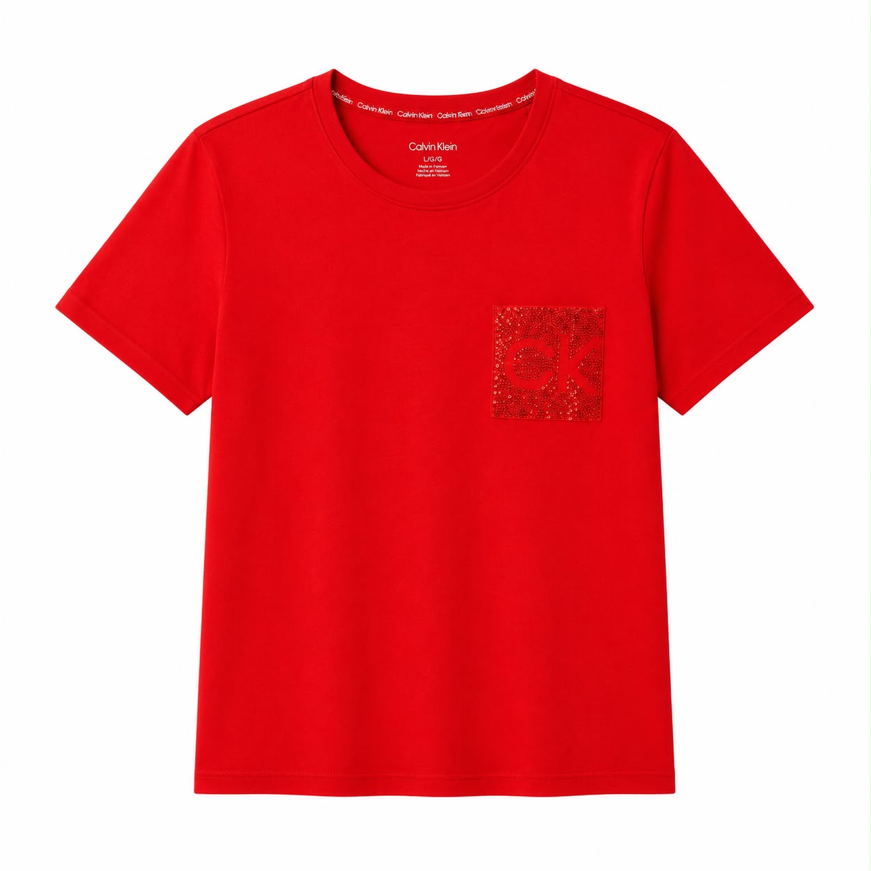 Calvin Klein red t-shirt features a patch pocket with tonal sequins