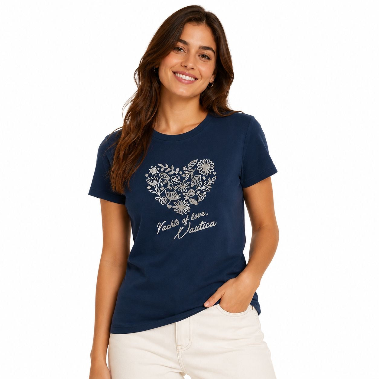 Náutica Navy Blue Metallic Print Women's Round Neck Stainably Crafted