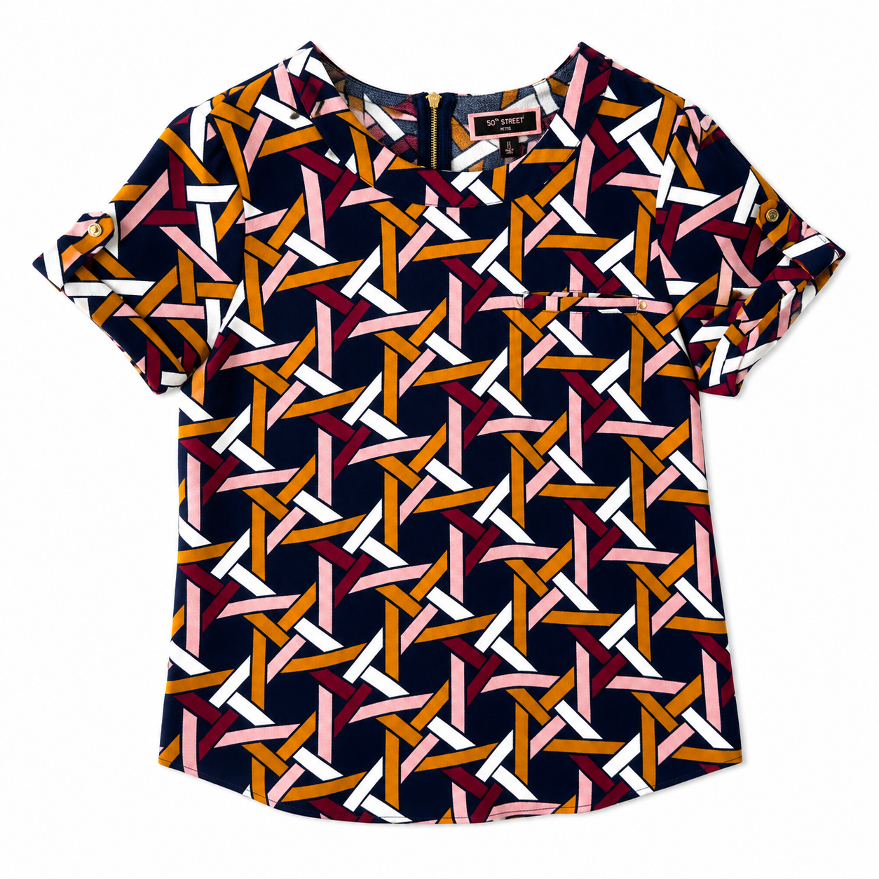 50th Street blouse has a multicolored geometric design
