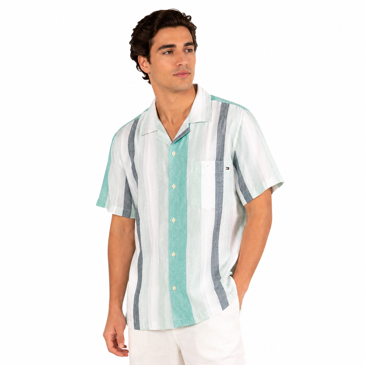 Tommy Hilfiger icon logo linen bold stripe short sleeve shirt