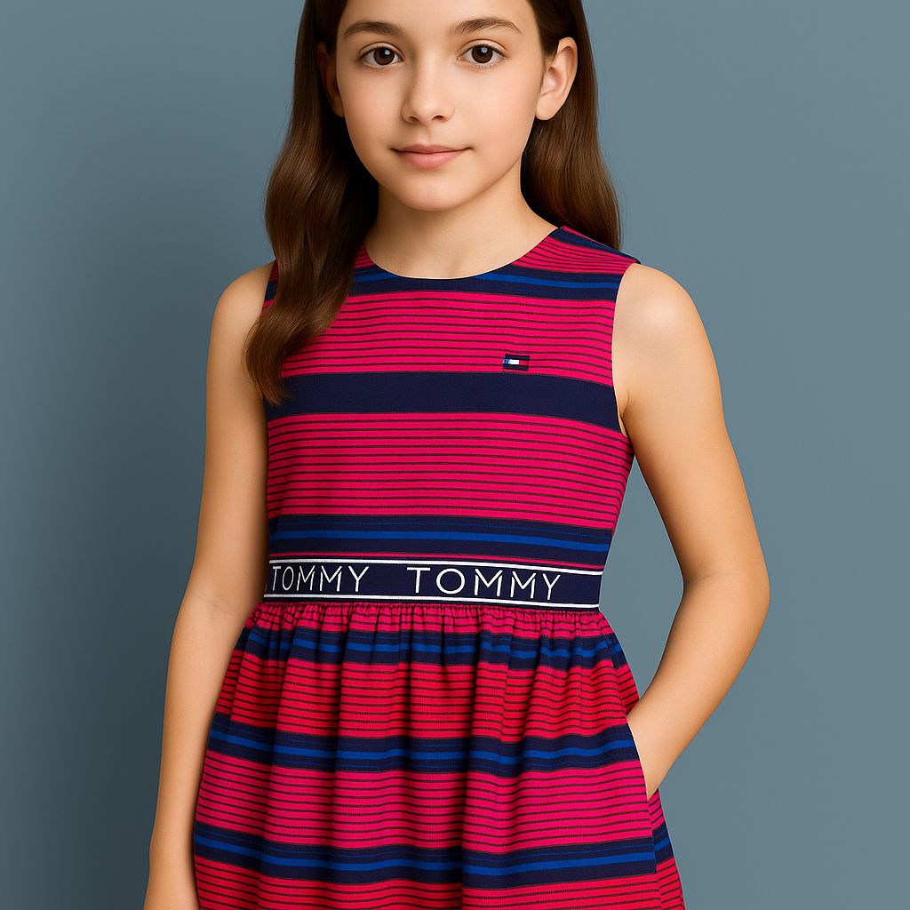 Tommy Hilfiger Girls' Sleeveless Red Striped Asymmetrical Formal Dress
