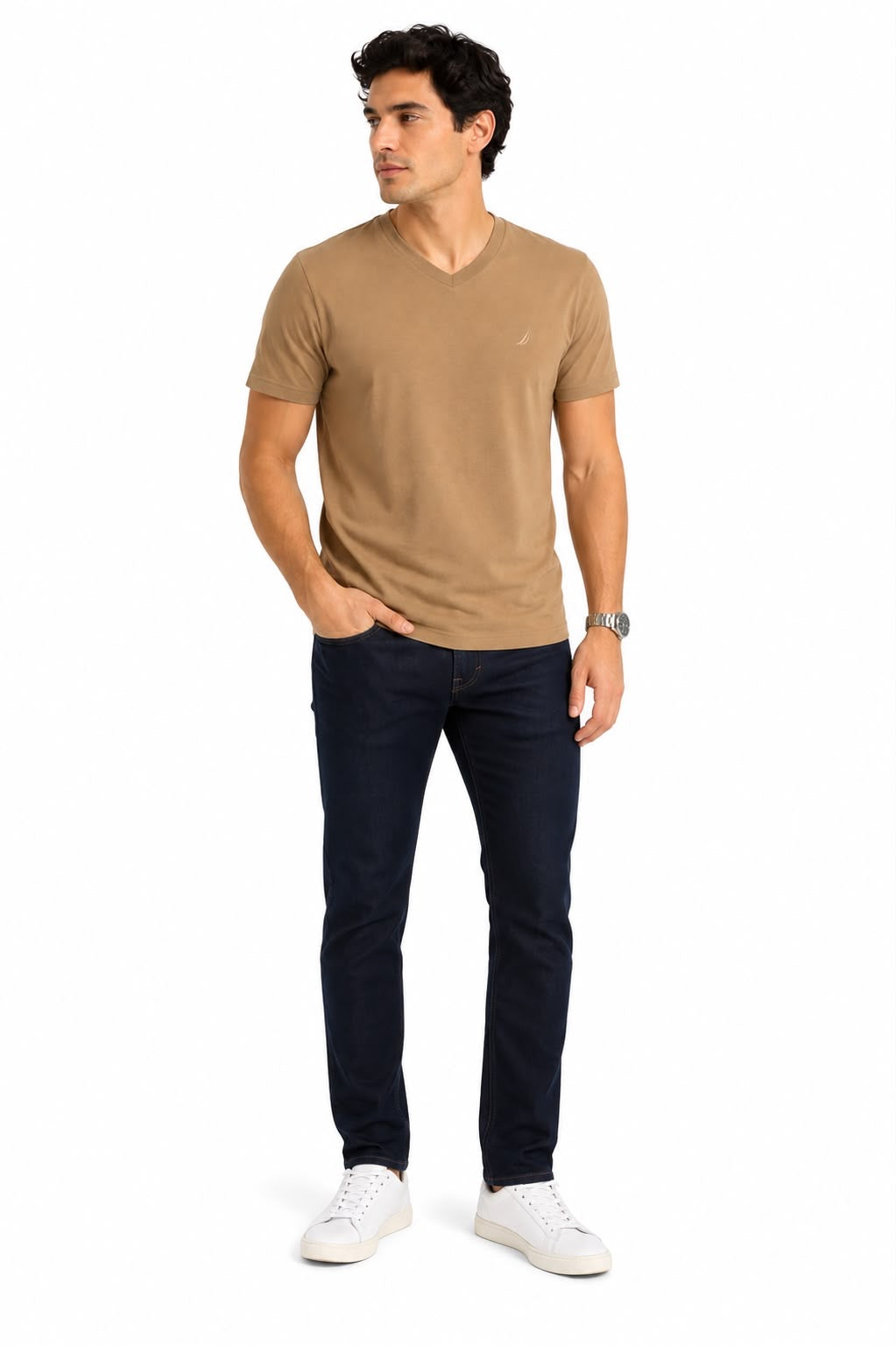 NAUTICA-Brown cotton V-neck t-shirt