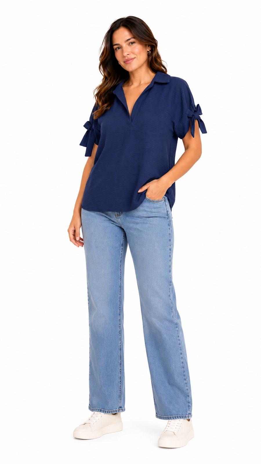 WRAPPER-Navy blue short-sleeved blouse